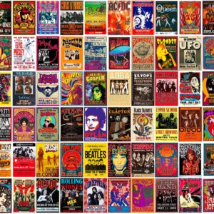 WOONKIT 60 PC Vintage Rock Band Posters, 70s 80s 90s Retro Concert Prints, Bedroom Wall Art, Album Cover Collage, 4x6 Inch (Set of 60)