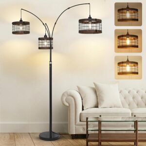 3-Lights Vintage Wood Floor Lamps for Living Room, Black Arc Floor Lamp for Bedroom, Industrial Standing Lamp for Office, Dimmable Tall Lamp, Arched Corner Floor Lamp, Over Couch Reading Lamp